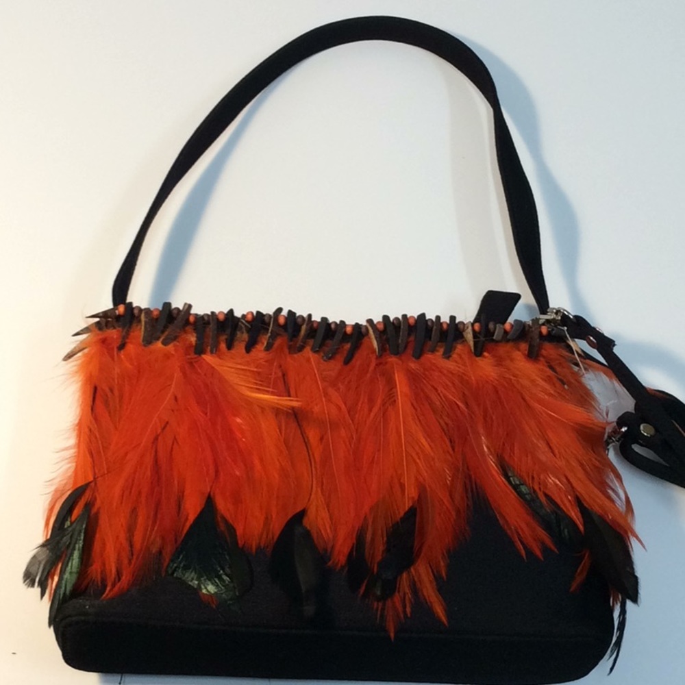 Black Handbag with Orange Feather Detail and Detachable Strap